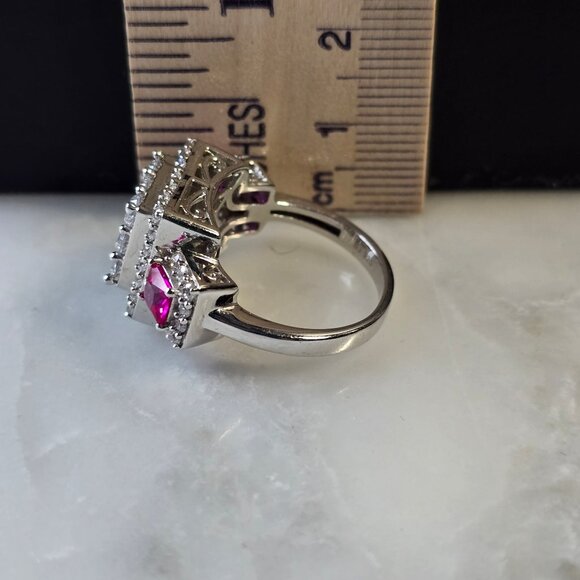 Sterling Silver Red & White Crystal Ring - Picture 4 of 6